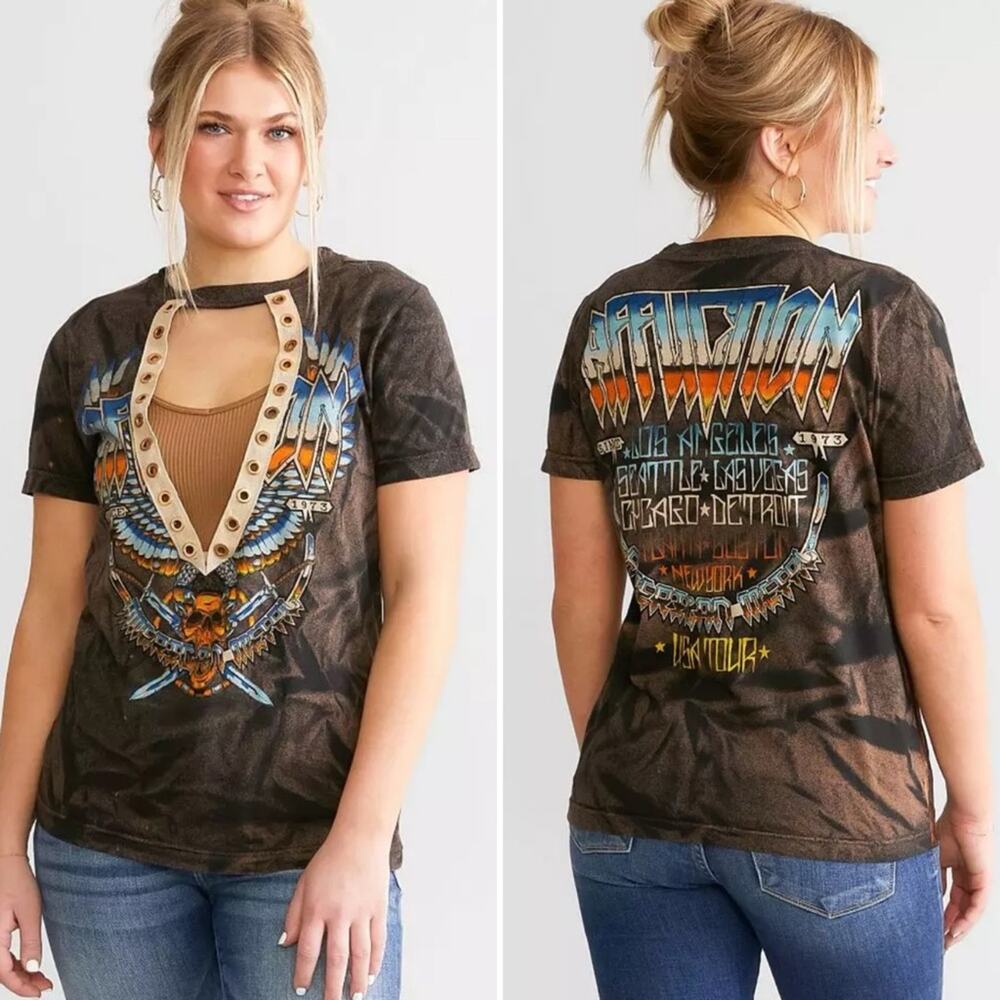 AFFLICTION Metal Storm T-Shirt Size Small Y2K Distressed Brown Graphic